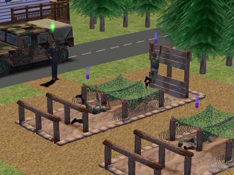 Screenshot of The Sims 2 showing an outdoor military training camp. A Sim in a dark blue officer uniform stands near a camouflaged vehicle with a green Plumbob floating above their head. Nearby, several Sims in camouflage gear are completing an obstacle course, with one climbing over a high wooden wall and another crawling under netting.