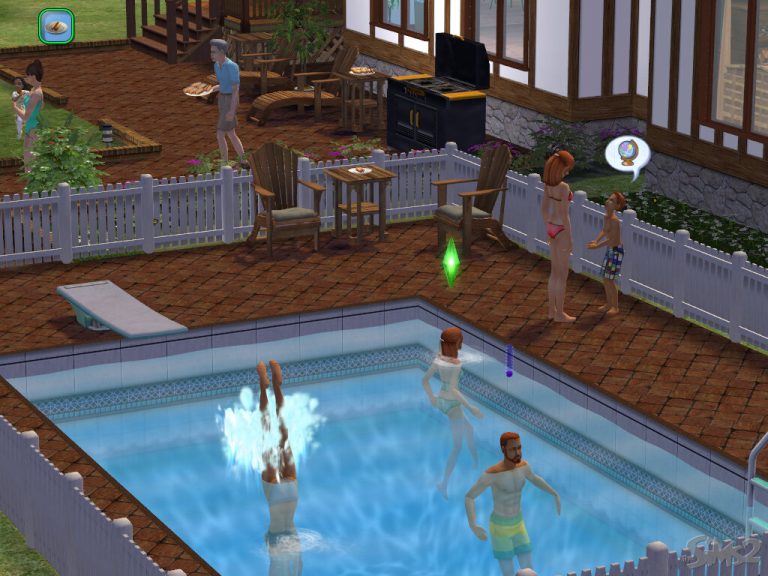 Screenshot of The Sims 2 showing an outdoor backyard scene with a swimming pool and a wooden deck. In the pool, three Sims are swimming, with one actively splashing into the water and a green Plumbob floating nearby. On the paved pool deck, two Sims in swimwear are talking, with one displaying a globe thought bubble. In the background on the raised wooden deck, another Sim is walking while carrying a platter of food near a barbecue grill and lounge chairs.