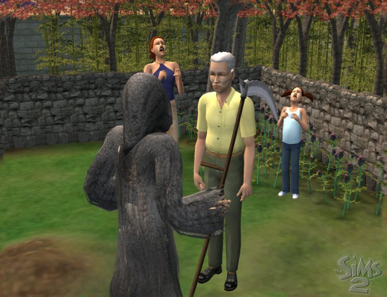 Screenshot of The Sims 2 showing an outdoor garden scene. In the foreground, an older Sim with grey hair wearing a yellow shirt stands face-to-face with the Grim Reaper, who is wearing a dark tattered cloak and holding a large scythe. In the background, behind a low stone wall, two other Sims are crying and appearing highly distressed. The classic The Sims 2 logo is visible in the bottom right corner.