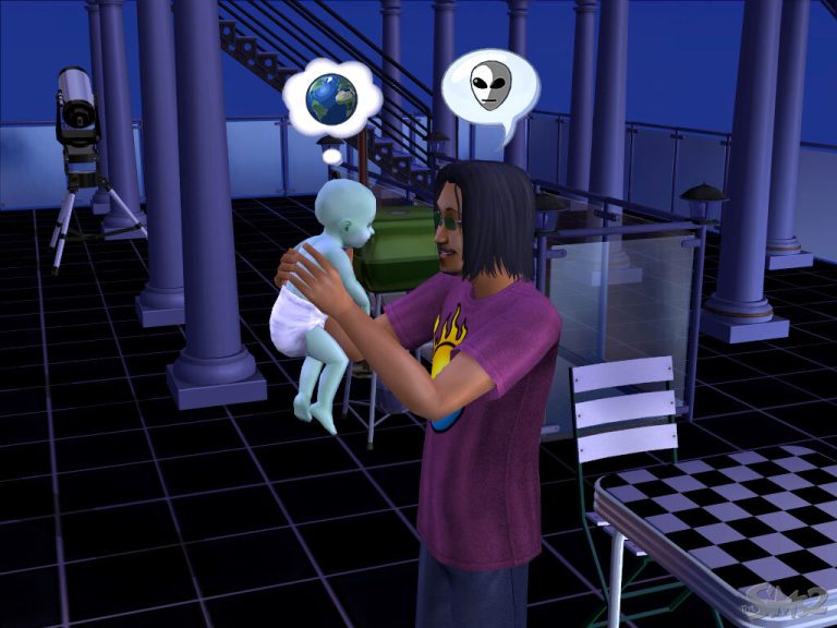 Screenshot of The Sims 2 showing an outdoor balcony scene at night. An adult Sim wearing sunglasses and a purple shirt is holding a green alien baby in a white diaper. The adult Sim has a thought bubble displaying an alien face, while the baby has a thought bubble displaying the planet Earth. A telescope, a green barbecue grill, and patio furniture are visible in the background. The classic The Sims 2 logo is visible in the bottom right corner.