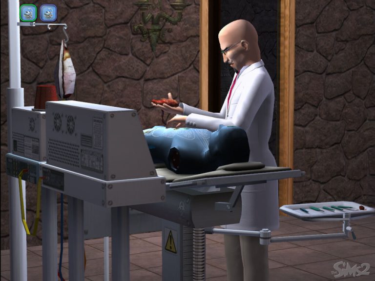 Screenshot of The Sims 2 showing an indoor room with stone walls. A bald Sim wearing glasses and a white lab coat is standing at a high-tech surgical table. They are holding a reddish organ above a blue surgical dummy lying on the table. A tray of surgical tools is visible nearby, and the classic The Sims 2 logo is in the bottom right corner.
