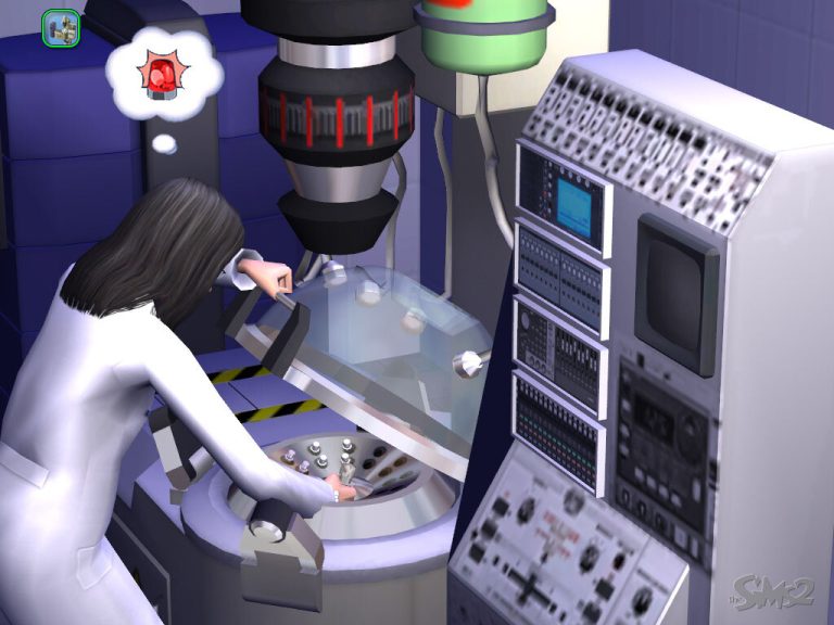 Screenshot of The Sims 2 showing a Sim working in an indoor science laboratory. The Sim is wearing a white lab coat with long dark hair and is actively operating a large, high-tech machine that features a clear dome covering several small vials. The Sim has a thought bubble displaying a red flashing alarm siren. Complex computer equipment with monitors and buttons is visible in the background, and the classic The Sims 2 logo is in the bottom right corner.