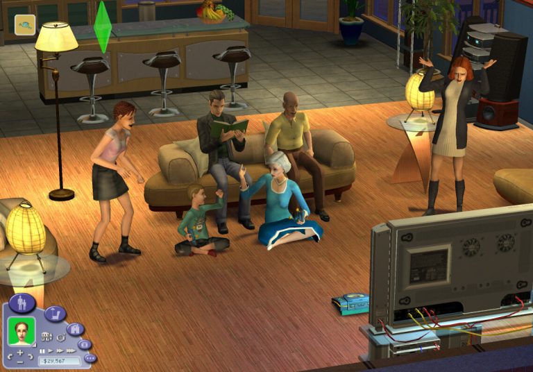 Screenshot of The Sims 2 showing a bustling living room scene. Two male Sims are sitting on a beige couch reading books. On the floor, a female Sim in a blue dress is sitting and interacting with a toddler. To the right, another female Sim in a black and white outfit stands and gestures animatedly.