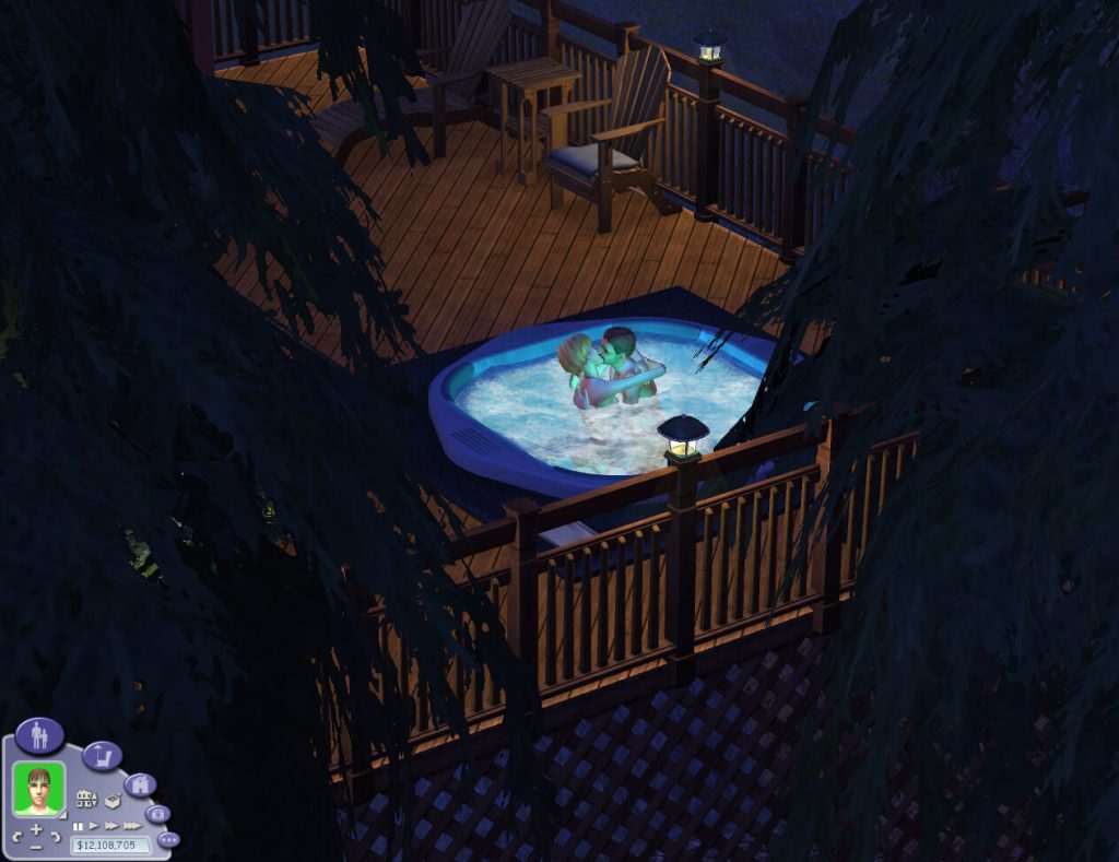 Screenshot of The Sims 2 displaying an isometric nighttime view of an outdoor wooden deck surrounded by dark silhouettes of trees. Two Sims are sharing a romantic kiss inside a glowing blue hot tub. The classic Sims 2 user interface is visible in the bottom left corner, showing a male Sim's green portrait, his wants and fears, and the household funds.