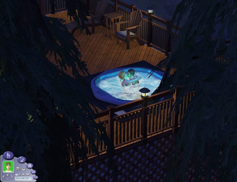 Screenshot of The Sims 2 displaying an isometric nighttime view of an outdoor wooden deck surrounded by dark silhouettes of trees. Two Sims are sharing a romantic kiss inside a glowing blue hot tub. The classic Sims 2 user interface is visible in the bottom left corner, showing a male Sim's green portrait, his wants and fears, and the household funds.