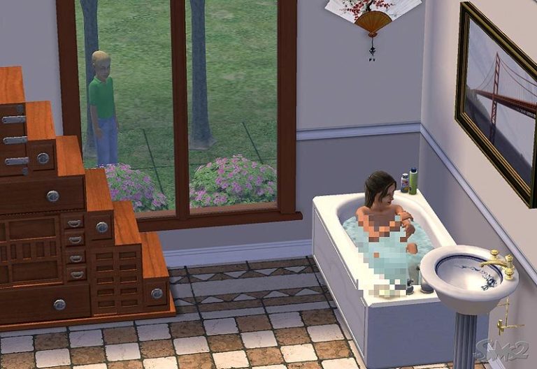Screenshot of The Sims 2 showing a bathroom interior. A Sim is taking a bath in a white tub next to a large window, with the classic pixelation effect covering them. Outside the window, another Sim in a green shirt is standing on the grass and looking inside. The bathroom features checkered tile floors, a pedestal sink, and a framed picture of a bridge on the wall.