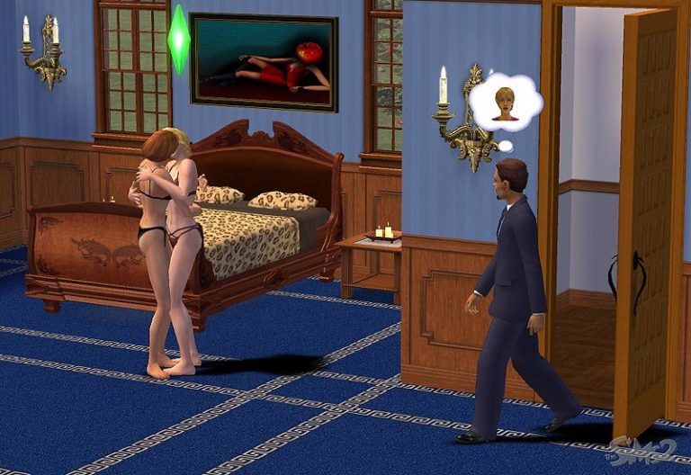 Screenshot of The Sims 2 showing a bedroom scene. A Sim in a dark suit is walking through an open door with a thought bubble showing another Sim's head. Inside the room, two Sims in their underwear are kissing next to a large wooden bed. The room features blue patterned carpet, a wall sconce, and wood-paneled walls with blue wallpaper.