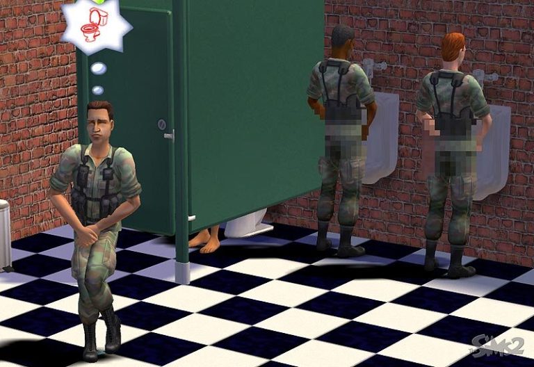 Screenshot of The Sims 2 showing a public restroom with black and white checkered floors and brick walls. Four male Sims in military uniforms are inside. Two are using urinals, one is using a toilet in a stall, and one in the foreground is crossing his legs in distress with a toilet thought bubble above his head, indicating a bathroom emergency.