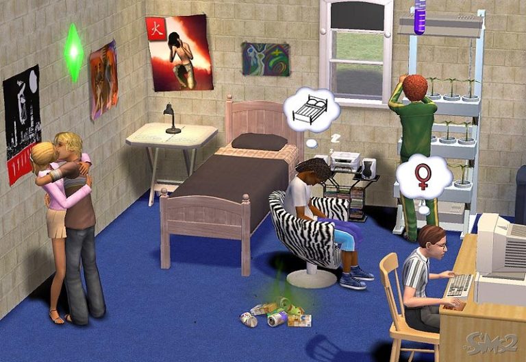 Screenshot of The Sims 2 showing a messy shared bedroom scene. On the left, two Sims are kissing. In the center, a Sim is falling asleep while sitting in a zebra-print chair. In the back, a Sim in green is tending to tall indoor plants, and on the right, a Sim is sitting at a computer desk. There is a pile of smelly garbage on the blue carpeted floor.