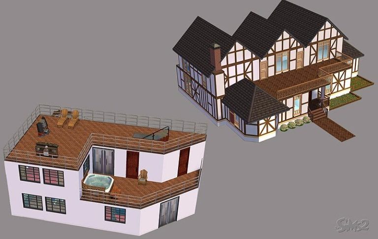 Screenshot of The Sims 2 showing two different styles of houses against a solid dark blue background. On the left is a modern, white multi-story building with a flat roof featuring a large wooden deck, lounge chairs, and a hot tub. On the right is a traditional Tudor-style house with brown half-timbering, a dark shingled roof, and a tall brick chimney.