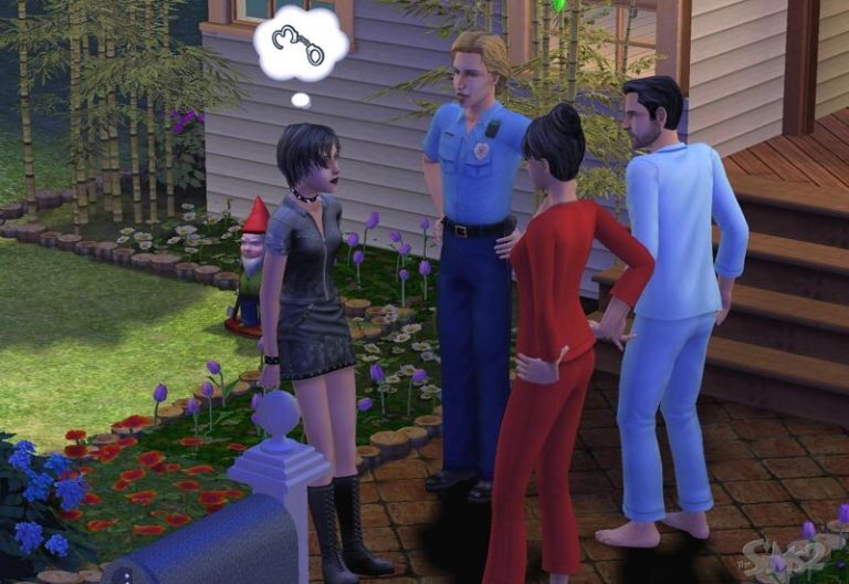 Screenshot of The Sims 2 showing four Sims outside a house. A teenage girl in black clothing has a thought bubble showing handcuffs. A police officer stands next to her, facing an adult female in a red outfit and an adult male in blue pajamas.