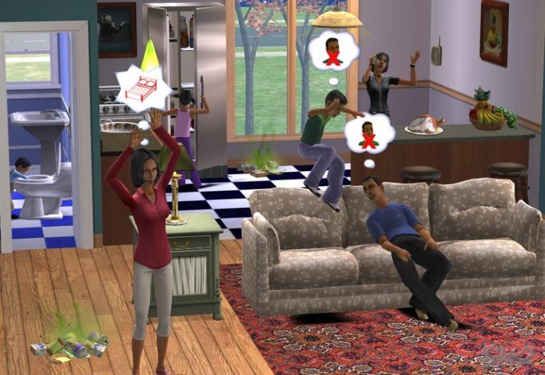 Screenshot of The Sims 2 showing a highly chaotic living room and kitchen area. In the foreground, an exhausted Sim in a red top stands near a smelly pile of garbage with a thought bubble of a bed. A Sim in a blue shirt relaxes on a nearby couch. In the background, two Sims are arguing with negative thought bubbles, another Sim raises their hands in the air, and a toddler can be seen playing in the toilet in the adjacent open bathroom.