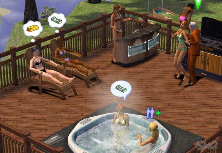 Screenshot of The Sims 2 showing several Sims relaxing on a large wooden outdoor deck. In the foreground, two Sims are soaking in a hot tub. On the left, two Sims are relaxing on lounge chairs with thought bubbles showing money and a gold bar. In the background, a Sim is making drinks at a bar, and an older Sim in an orange suit is talking to another Sim near a barbecue grill.