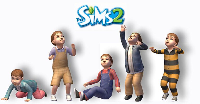 Promotional render for The Sims 2 showing five toddlers against a white background below the classic game logo. The toddlers are wearing various colorful outfits and are posed crawling, sitting, and standing while looking in different directions.