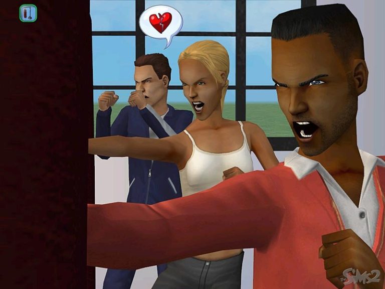 Screenshot of The Sims 2 showing three Sims indoors practicing with a red punching bag. A Sim in an orange cardigan is yelling and throwing a punch in the foreground. Behind them, a Sim in a white tank top with a broken heart thought bubble and a Sim in a blue jacket are also in fighting stances.