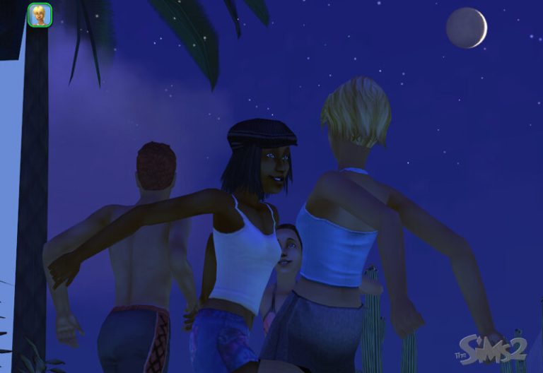Screenshot of The Sims 2 showing a group of Sims dancing outdoors at night. The sky is dark purple with a crescent moon and stars. Palm trees and cacti are visible in the background. In the foreground, several Sims are dancing together in casual summer clothing like tank tops and shorts. The classic The Sims 2 logo is visible in the bottom right corner.