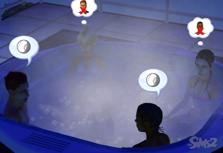 Screenshot of The Sims 2 showing four Sims sitting in a bubbling hot tub at night. Two Sims have thought bubbles displaying a baseball, while the other two have thought bubbles showing a Sim's face with a red 'X' over it, indicating a negative relationship or topic. The Sims are wearing swimwear, and the classic The Sims 2 logo is visible in the bottom right corne