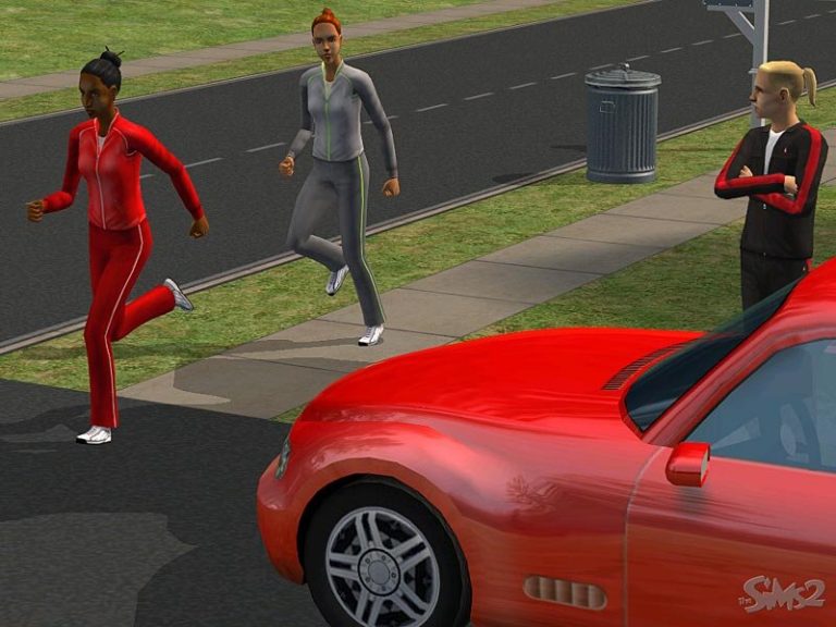 Screenshot of The Sims 2 showing an outdoor street scene during the daytime. A bright red sports car is parked in the foreground. On the sidewalk behind the car, two Sims wearing tracksuits are jogging, while a third Sim stands nearby with their arms crossed next to a metal trash can.