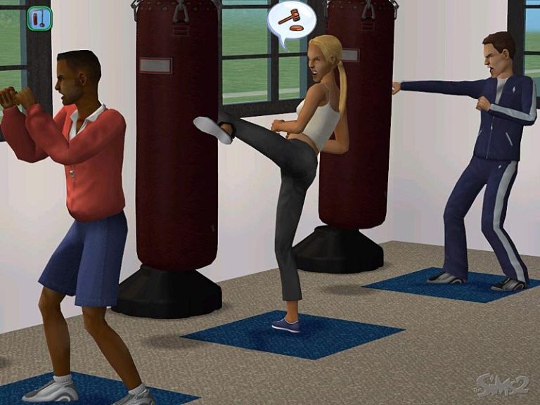 Screenshot of The Sims 2 showing three Sims practicing combat moves indoors. The room features red punching bags, blue exercise mats, and large windows. A Sim in a white top is performing a high kick with a gavel thought bubble above their head. A Sim in a red top is in a defensive stance, and a Sim in a blue track suit is throwing a punch. The classic The Sims 2 logo is visible in the bottom right corner.