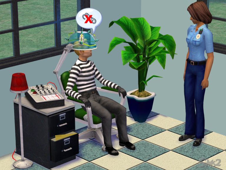 Screenshot of The Sims 2 showing an indoor room with blue and white checkered floor tiles. A Sim wearing a black and white striped burglar outfit and black gloves is sitting in a chair, wearing a wired helmet connected to a polygraph machine on a desk. They have a thought bubble showing handcuffs with a red 'X' over them. Standing next to them is another Sim wearing a blue police uniform.