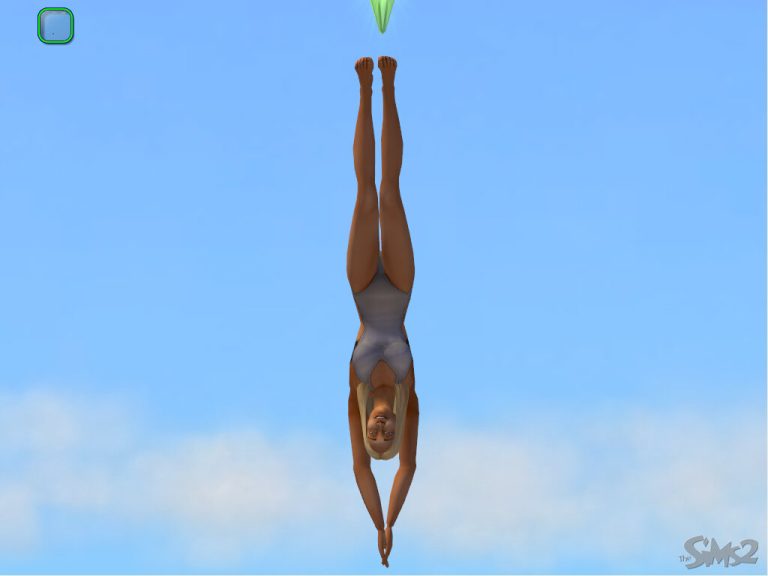 Screenshot of The Sims 2 showing a Sim in mid-air performing a dive. The Sim is positioned upside down with their body perfectly straight and hands pointed downward against a bright blue sky. They have blonde hair, are wearing a light grey one-piece swimsuit, and have a green Plumbob floating near their feet. The classic The Sims 2 logo is visible in the bottom right corner.