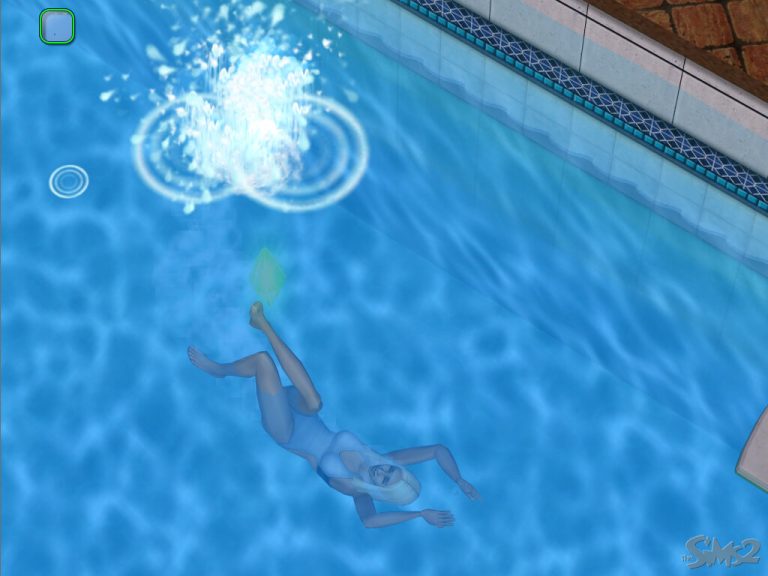 Screenshot of The Sims 2 showing a top-down view of a bright blue swimming pool. A Sim wearing a white swimsuit is swimming underwater, with a green Plumbob floating above them. A large water splash is visible on the surface nearby, and the classic The Sims 2 logo is in the bottom right corner.