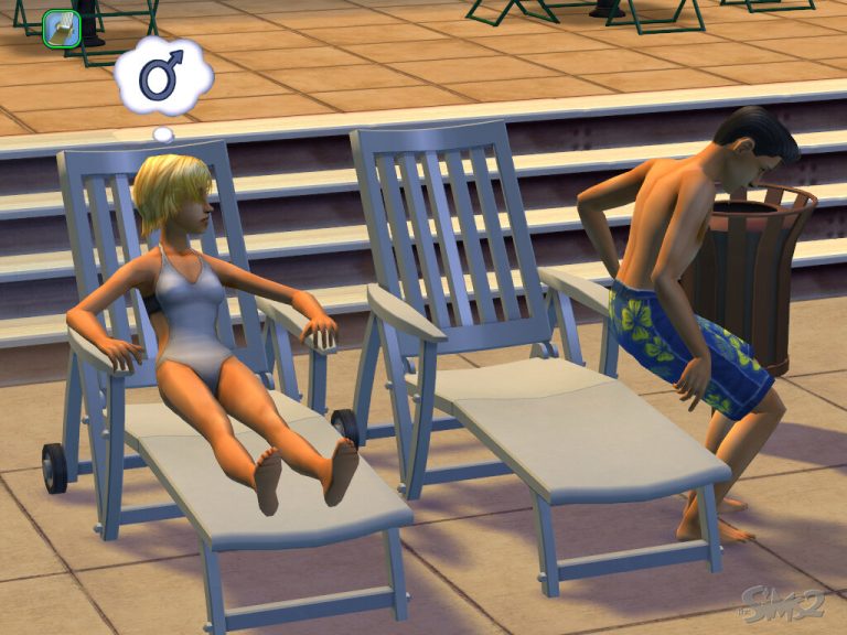 Screenshot of The Sims 2 showing an outdoor pool deck during the daytime. One Sim wearing a white swimsuit is sitting on a blue lounge chair with a thought bubble displaying a male gender symbol. Another Sim wearing blue floral swim trunks is bending forward near a brown trash can next to the lounge chairs. The classic The Sims 2 logo is visible in the bottom right corner.