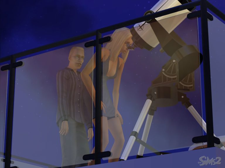 Screenshot of The Sims 2 showing an outdoor balcony scene at night. One Sim is actively looking through a large telescope aimed at a starry dark blue sky. Another Sim stands nearby, observing the area. Both Sims are positioned behind a modern glass balcony railing. The classic The Sims 2 logo is visible in the bottom right corner.