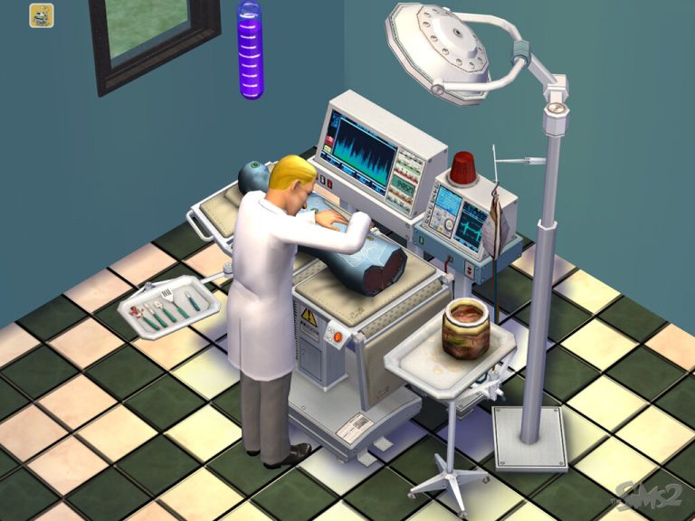 Screenshot of The Sims 2 showing an indoor medical room with a green and white checkered floor. A Sim wearing a white lab coat is standing at a high-tech surgical table, operating on a training dummy. The medical equipment includes a surgical lamp, a monitor displaying a heartbeat, and a cart holding a glass jar. The classic The Sims 2 logo is visible in the bottom right corner.