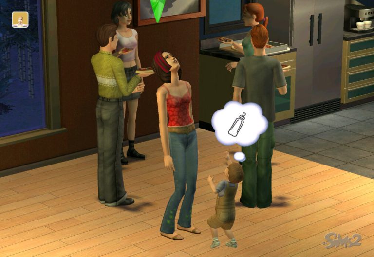 Screenshot of The Sims 2 showing a busy kitchen. A teenage girl with red streaks in her hair is rolling her head back in frustration while a toddler stands next to her with a thought bubble of a baby bottle. Several other Sims are in the background eating pizza.