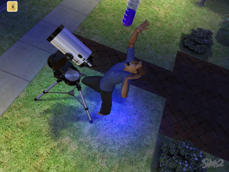 Screenshot of The Sims 2 showing a Sim outdoors at night being abducted by aliens. The Sim is standing on the grass near a telescope, looking up with their arms raised in panic. They are illuminated by a bright purple and blue beam of light shining down from above. The classic The Sims 2 logo is visible in the bottom right corner.