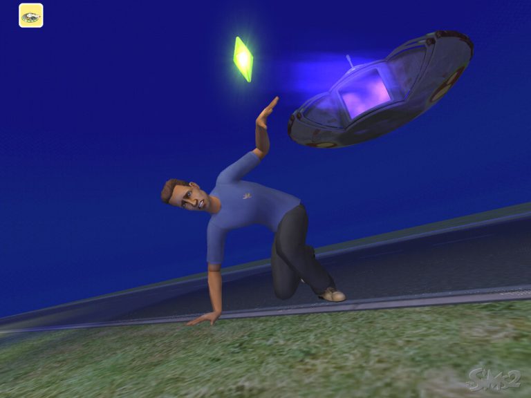 Screenshot of The Sims 2 at night showing a Sim kneeling on the grass next to a road. Above the Sim, a metallic flying saucer UFO with a glowing purple underside is hovering in the dark blue sky. A green Plumbob floats near the Sim.
