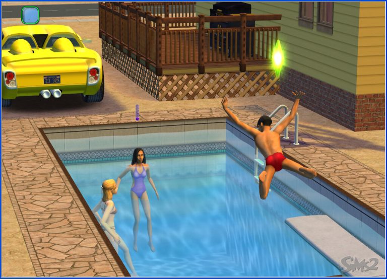 Screenshot of The Sims 2 showing an outdoor swimming pool during the daytime. One Sim wearing red swimwear is jumping into the air toward the water, with a glowing green Plumbob floating above their head. Two other Sims wearing swimwear are standing in the shallow end of the pool looking on. A bright yellow convertible car is parked directly next to the pool area, and a wooden patio deck with a black barbecue grill is visible in the background. The classic The Sims 2 logo is in the bottom right corner.