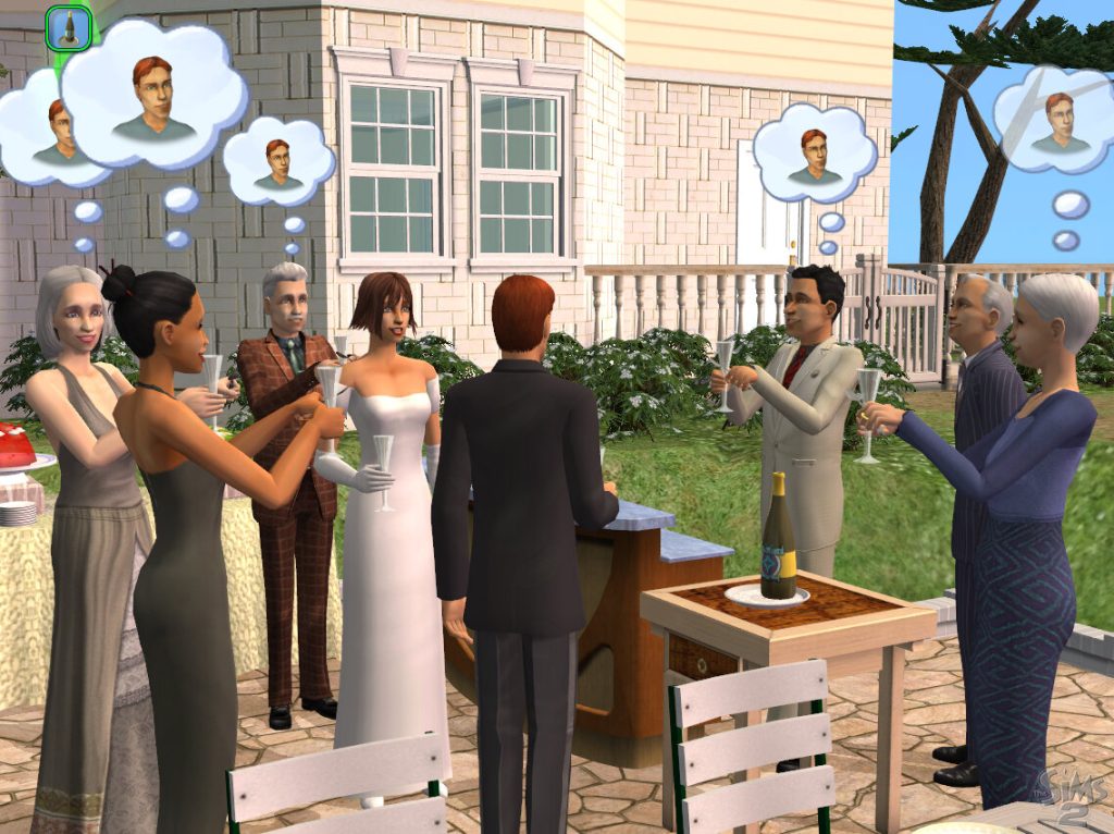 Screenshot of The Sims 2 showing an outdoor wedding reception. A group of Sims in formal attire, including a Sim in a white wedding dress and another in a black suit, are gathered on a stone patio holding champagne glasses for a toast. Several Sims have thought bubbles above their heads displaying the faces of other Sims. A wooden bar table with a bottle rests in the foreground. The classic The Sims 2 logo is visible in the bottom right corner.