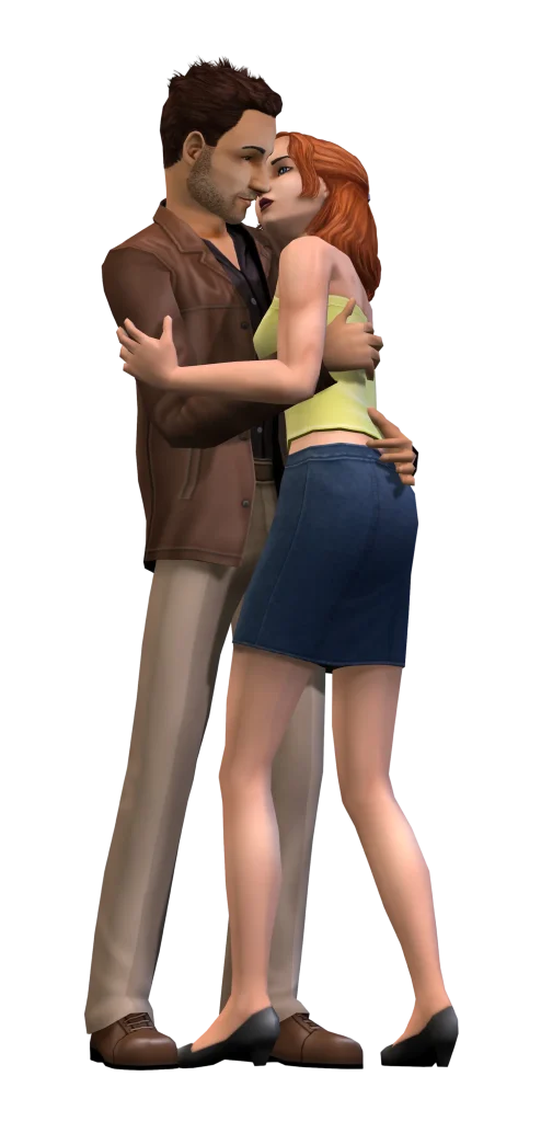 A promotional render for The Sims 2 showing two Sims embracing affectionately against a dark blue background. One Sim with short brown hair and a beard, wearing a brown jacket, black shirt, and tan pants, has their arms wrapped around the other Sim. The second Sim has shoulder-length red hair and is wearing a yellow crop top and a short blue denim skirt.