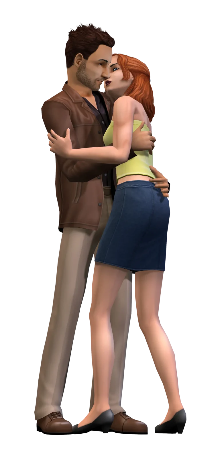 A promotional render for The Sims 2 showing two Sims embracing affectionately against a dark blue background. One Sim with short brown hair and a beard, wearing a brown jacket, black shirt, and tan pants, has their arms wrapped around the other Sim. The second Sim has shoulder-length red hair and is wearing a yellow crop top and a short blue denim skirt.