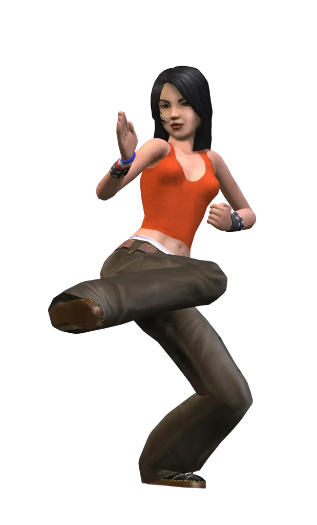 A promotional render for The Sims 2 showing a Sim performing a martial arts kick against a dark blue background. The Sim has short dark hair and is wearing an orange tank top, brown pants, and wristbands. They are posed with one leg raised high in a front kick and their hands up in a defensive stance.