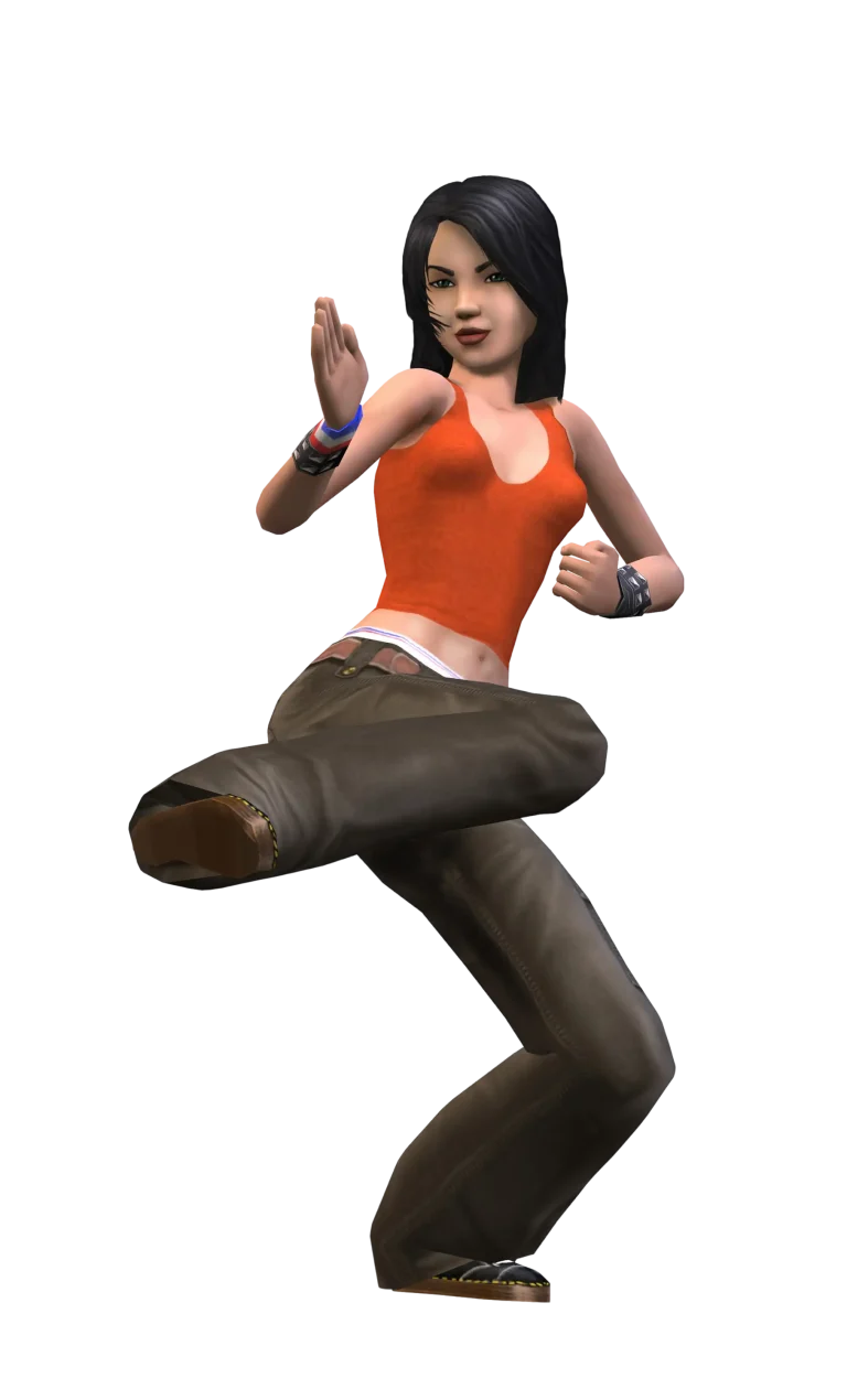 A promotional render for The Sims 2 showing a Sim performing a martial arts kick against a dark blue background. The Sim has short dark hair and is wearing an orange tank top, brown pants, and wristbands. They are posed with one leg raised high in a front kick and their hands up in a defensive stance.