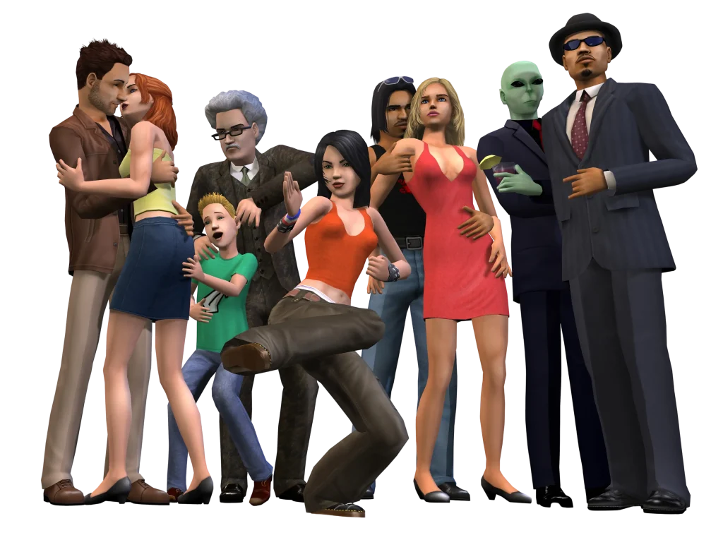 A promotional render for The Sims 2 showing a diverse group of Sims posing together against a dark blue background. The group includes a couple embracing, an older Sim in a suit, an excited child, a teenager performing a high kick, a Sim in a bright red dress, a green alien in a suit holding a glass, and a Sim wearing a fedora and sunglasses.