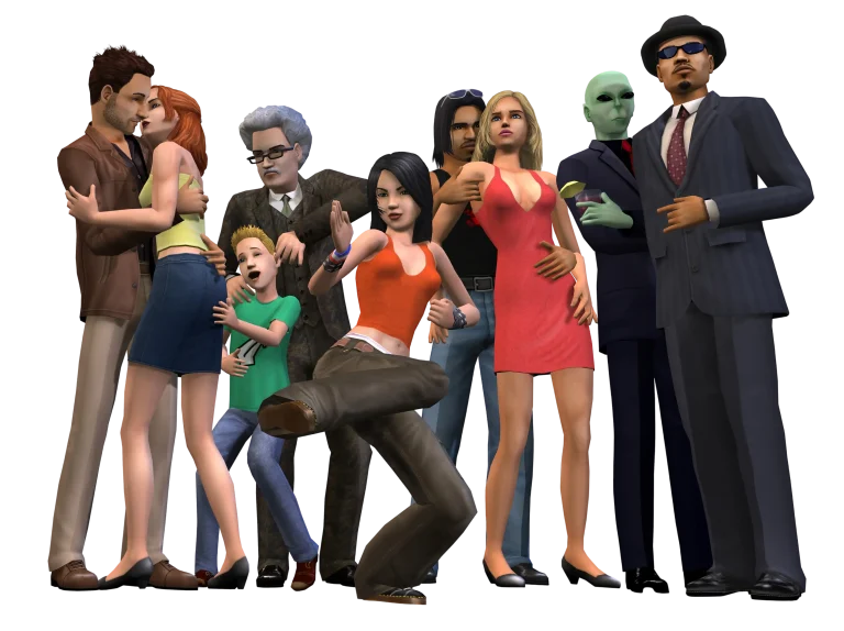A promotional render for The Sims 2 showing a diverse group of Sims posing together against a dark blue background. The group includes a couple embracing, an older Sim in a suit, an excited child, a teenager performing a high kick, a Sim in a bright red dress, a green alien in a suit holding a glass, and a Sim wearing a fedora and sunglasses.