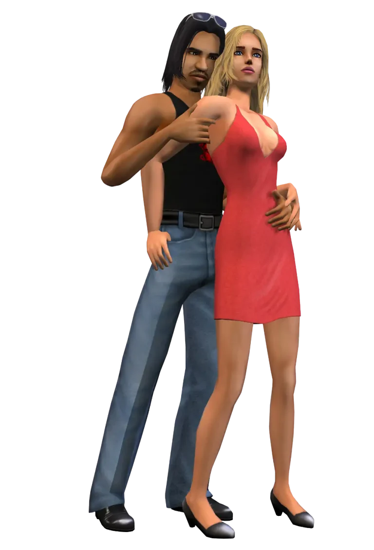 A promotional render for The Sims 2 showing two Sims posing together against a dark blue background. One Sim with long dark hair, wearing a black tank top, blue jeans, and sunglasses resting on their head, is standing behind and embracing another Sim with blonde hair who is wearing a short red dress.