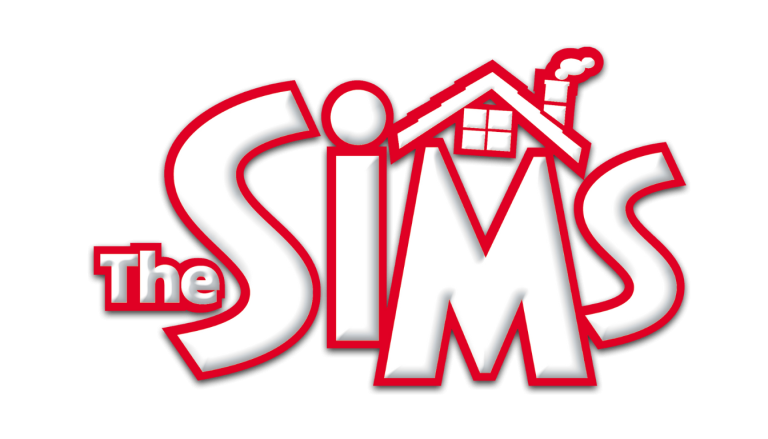 The official English logo for The Sims franchise, featuring the text "The SIMS" in bold white letters with a thick red border, set against a dark blue background. A stylized red roof with a chimney rests above the letters I and M.