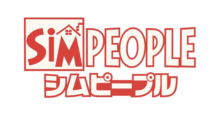 The official localized Japanese logo for The Sims franchise, known regionally as SimPeople. It features the English text "SimPEOPLE" above the Japanese katakana "シムピープル" in bold white letters with a thick red border, set against a dark blue background. A stylized red roof with a chimney rests above the letters I and M in the word "SIM".
