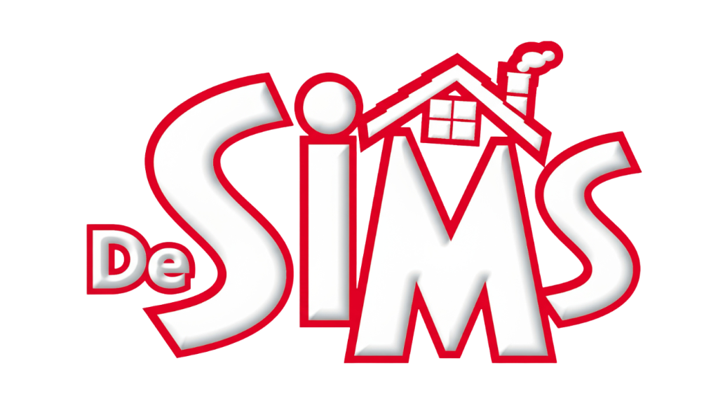 The official localized Dutch logo for The Sims franchise, featuring the text "De SIMS" in bold white letters with a thick red border, set against a dark blue background. A stylized red roof with a chimney rests above the letters I and M.