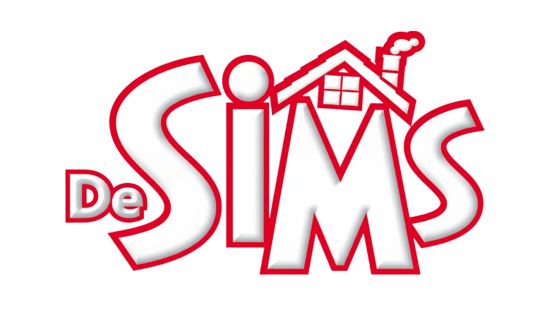 The official localized Dutch logo for The Sims franchise, featuring the text "De SIMS" in bold white letters with a thick red border, set against a dark blue background. A stylized red roof with a chimney rests above the letters I and M.