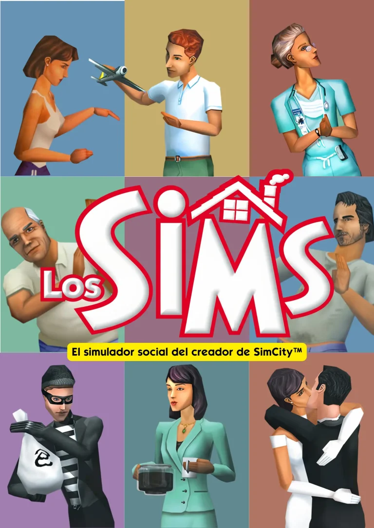 The official localized Spanish box cover art for the original The Sims game. The image is divided into colorful square panels showcasing various Sims in everyday life situations, including a woman holding a toy plane, a doctor, an older man looking surprised, a burglar, a businesswoman with a coffee pot, and a bride and groom kissing. In the center is the localized "Los SIMS" logo placed above a yellow banner containing the Spanish text "El simulador social del creador de SimCity™".