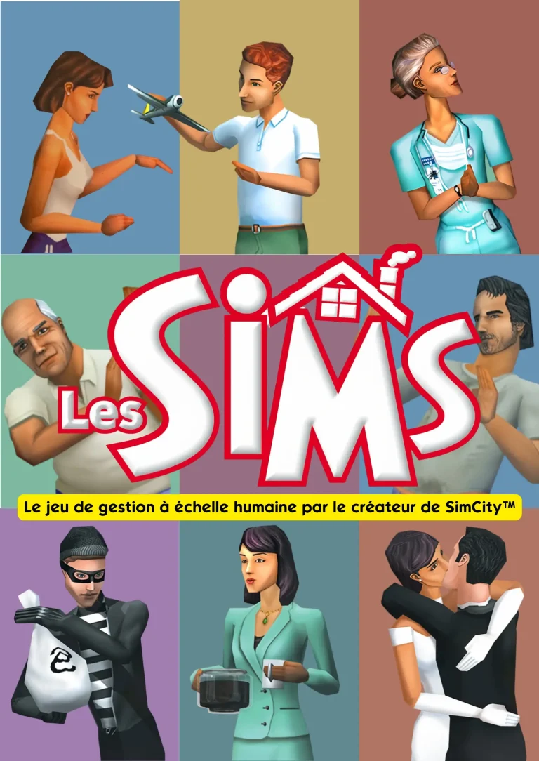 The official localized French box cover art for the original The Sims game. The image is divided into colorful square panels showcasing various Sims in everyday life situations, including a burglar, a kissing couple, a businesswoman with a coffee pot, and an older man looking surprised. In the center is the localized "Les SIMS" logo placed above a yellow banner containing the French text "Le jeu de gestion à échelle humaine par le créateur de SimCity™".
