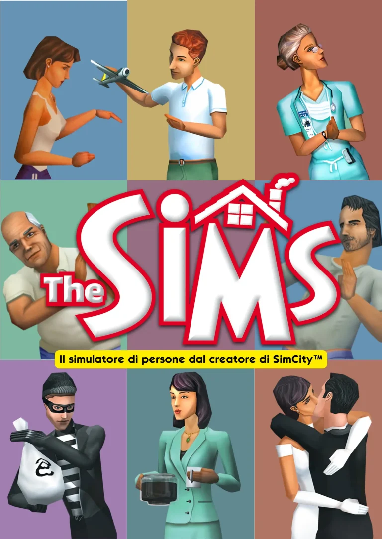 The official localized Italian box cover art for the original The Sims game. The image is divided into colorful square panels showcasing various Sims in everyday life situations, including a burglar, a kissing couple, a businesswoman with a coffee pot, and a doctor. In the center is the classic "The SIMS" logo placed above a yellow banner containing the Italian text "Il simulatore di persone dal creatore di SimCity™"