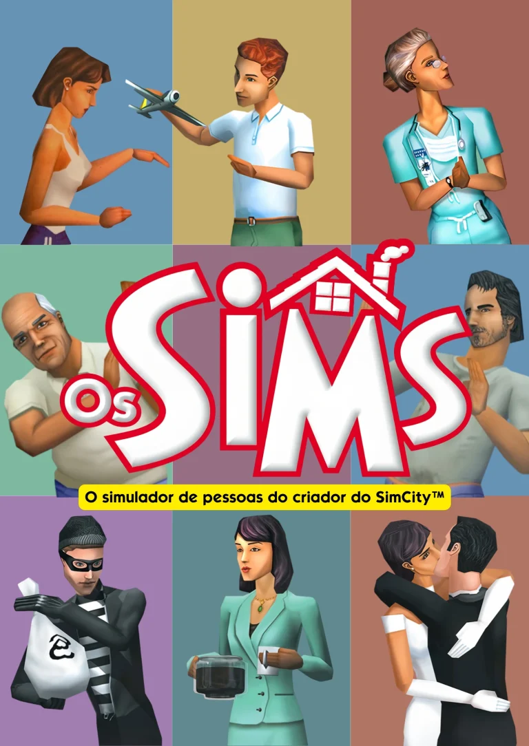 The official localized Portuguese box cover art for the original The Sims game. The image is divided into colorful square panels showcasing various Sims in everyday life situations, including a burglar, a kissing couple, a businesswoman with a coffee pot, and a doctor. In the center is the localized "Os SIMS" logo placed above a yellow banner containing the Portuguese text "O simulador de pessoas do criador do SimCity™".