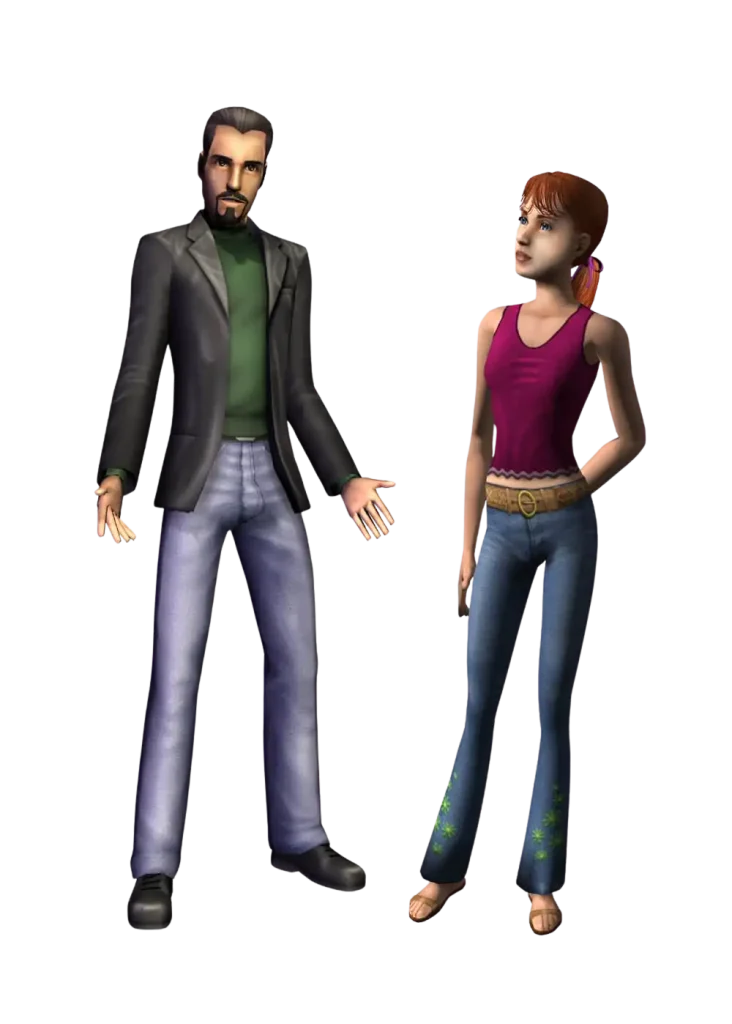A promotional render for The Sims 2 showing two Sims posing against a dark blue background. On the left, an adult Sim with short dark hair and facial hair is wearing a dark blazer over a green shirt and grey pants, standing with their hands open slightly. On the right, a teenage Sim with reddish hair tied back in a ponytail is wearing a pink tank top and blue jeans with green star patterns on the lower legs, standing with their hands resting near their hips.